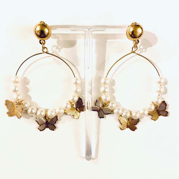 Pearl Gold Butterflies Dangle Earrings - Picture 1 of 1